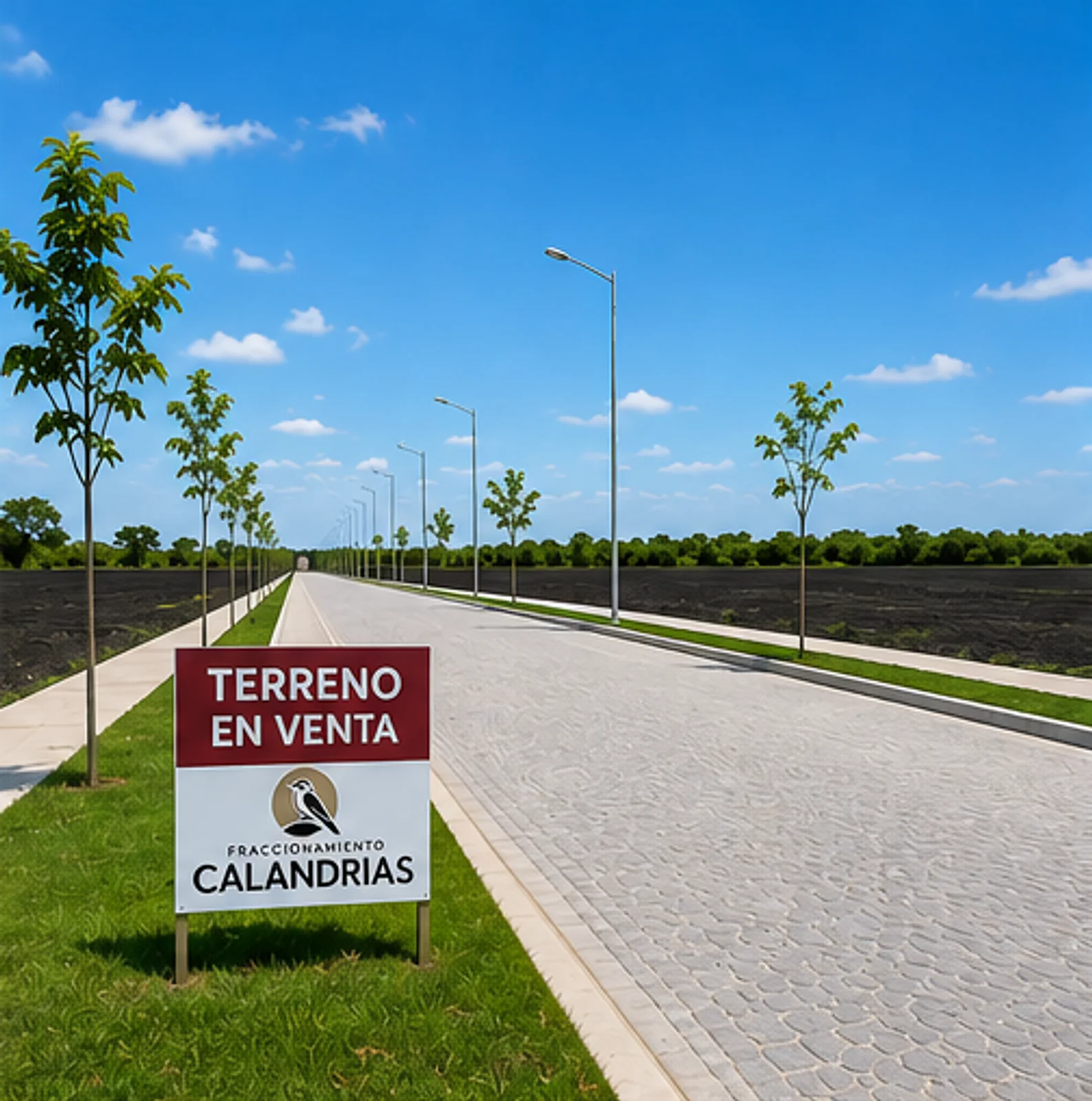 Calle adoquinada con letrero de terreno en venta