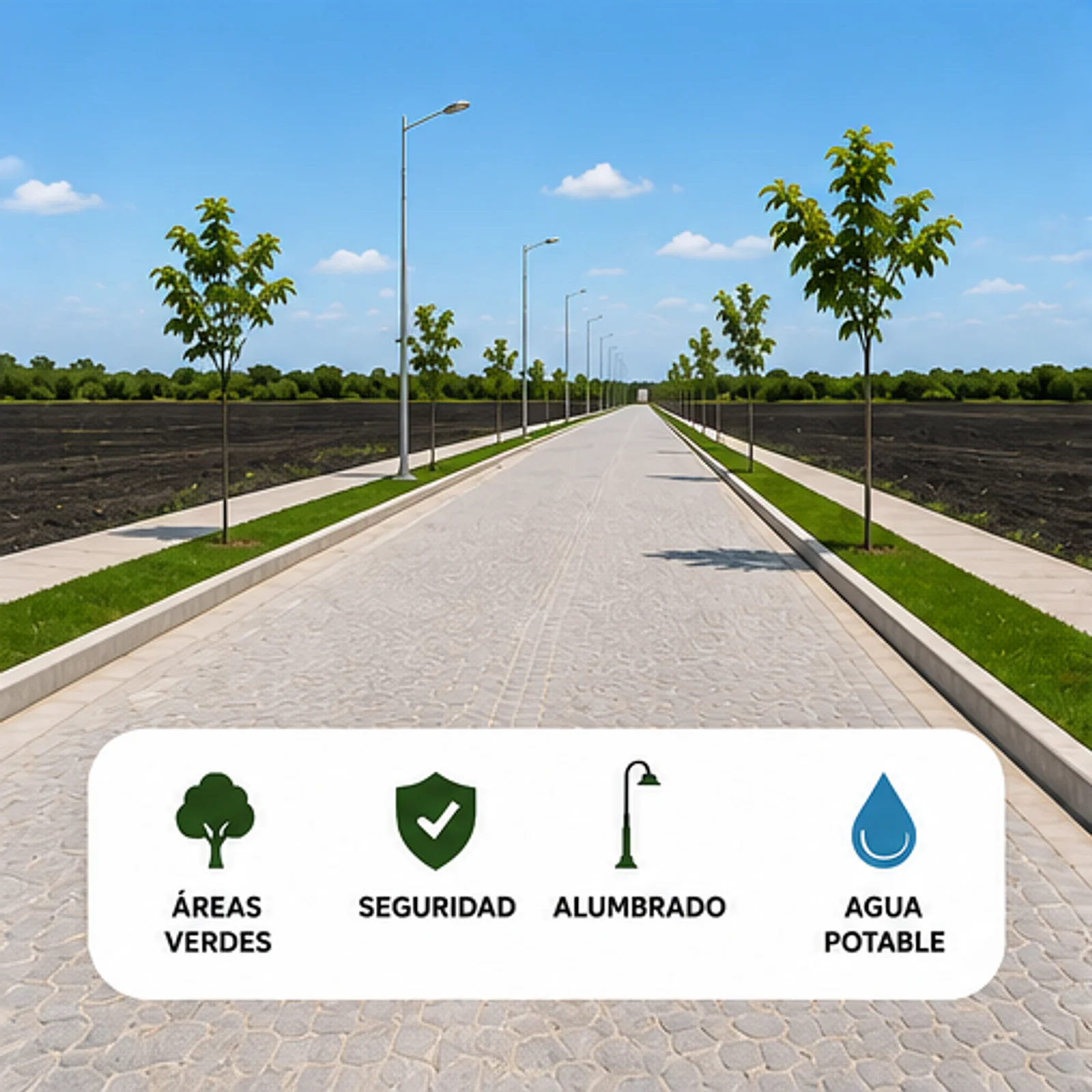 Infraestructura con áreas verdes, seguridad, alumbrado y agua potable