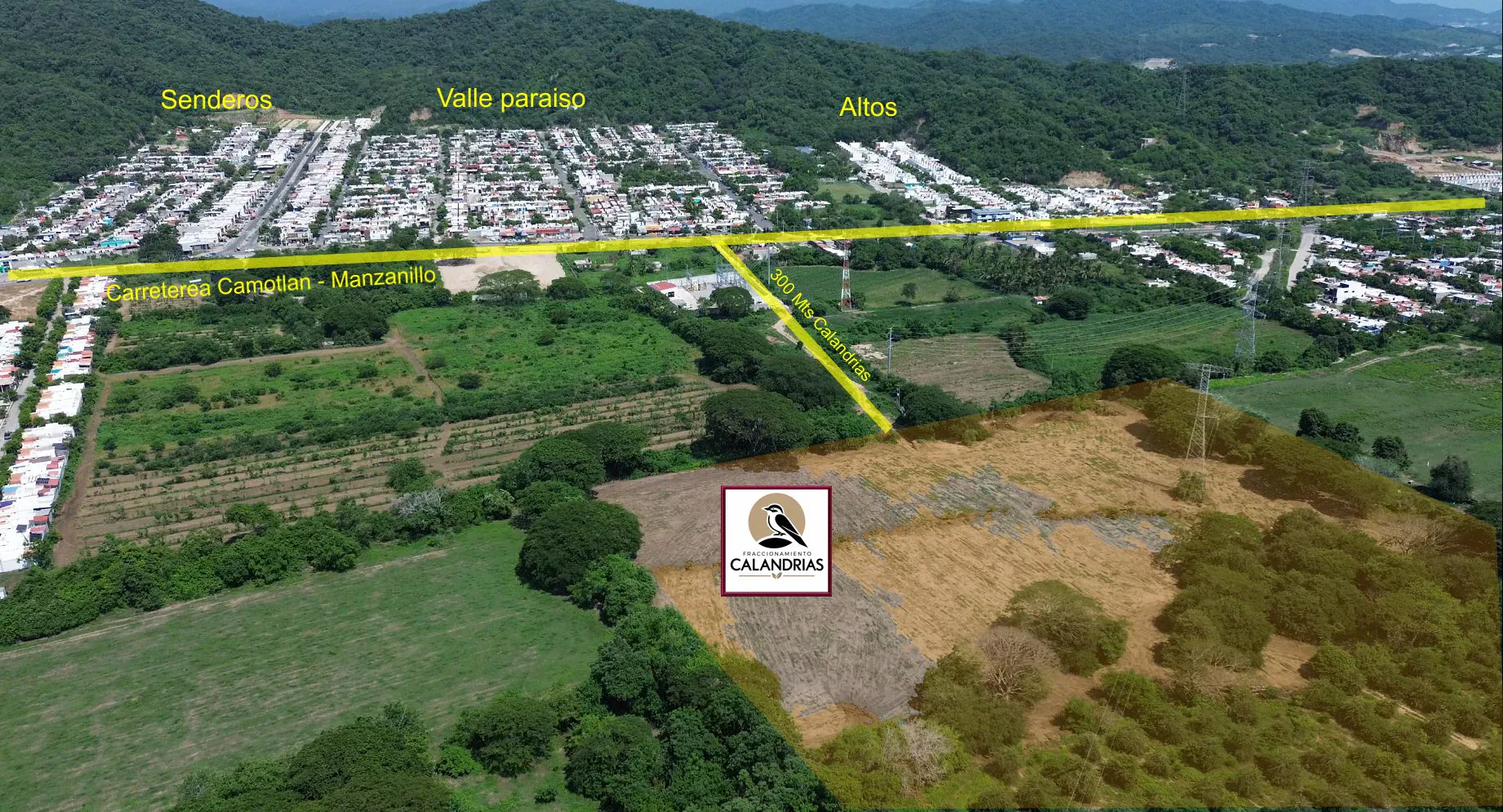 Ubicación de Calandrias frente a Valle Paraíso, Senderos y Altos